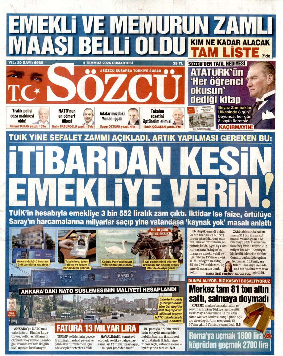 EYTLEVENTATACA1's tweet photo. SÖZCÜ GAZETESİ:

İTİBARDAN KESİN EMEKLİYE VERİN‼️

#EytEfKadıköydeniktidaraSesleniyor
Yeşil Burun Adaları Deniz Göktaş
Nathan Ake Ederson Saat 15.00
Rahmi Koç New York Limanı'na
Kassoum Ouattara 
Trump'ın Ankara
Eminönü Vapur İskelesindeyiz https://t.co/YLCcLHGyBn