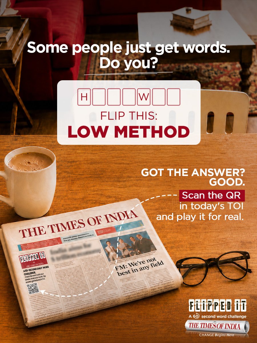 TOINoida's tweet photo. Can you flip this one?
Drop your answer in the comments and see if you got it right.

Play #FlippedIt - a 60-second daily word challenge by The Times of India.

Scan the QR in today’s #TOI to get started. Top scorers stand a chance to be featured in The Times of India.

#WordGame https://t.co/RAWXjQvCu5