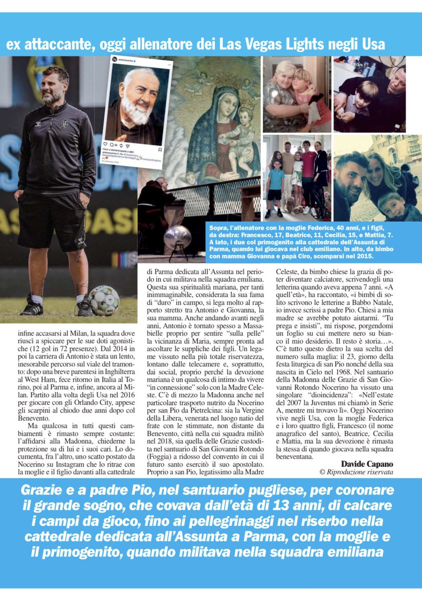 davide_capano's tweet photo. Da giovedì sono in edicola su “Maria con te” con un pezzo su Antonio #Nocerino.
⚽️🇮🇹🔝
#football #lourdes #mariaconte #padrepio https://t.co/BRy9sFHWFS