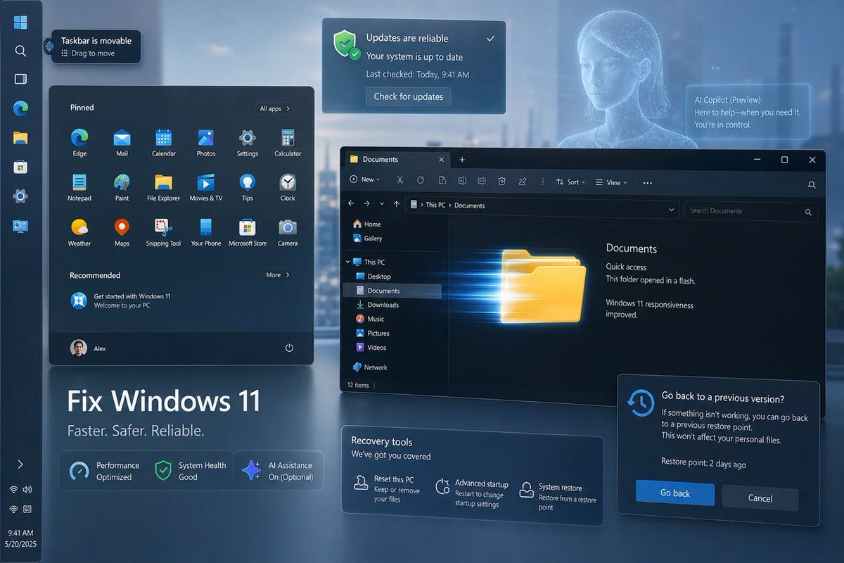 windowsforum's tweet photo. 🪟 “Fix Windows 11” in 2026 is just Microsoft finally letting you do what you already should’ve been able to: move the taskbar, tame Start, and make Explorer stop wheezing. About time. #Windows #Microsoft
https://t.co/yzEkgR0zoc
#StartMenu #Windows11 #TaskbarChanges https://t.co/957blvQDNI