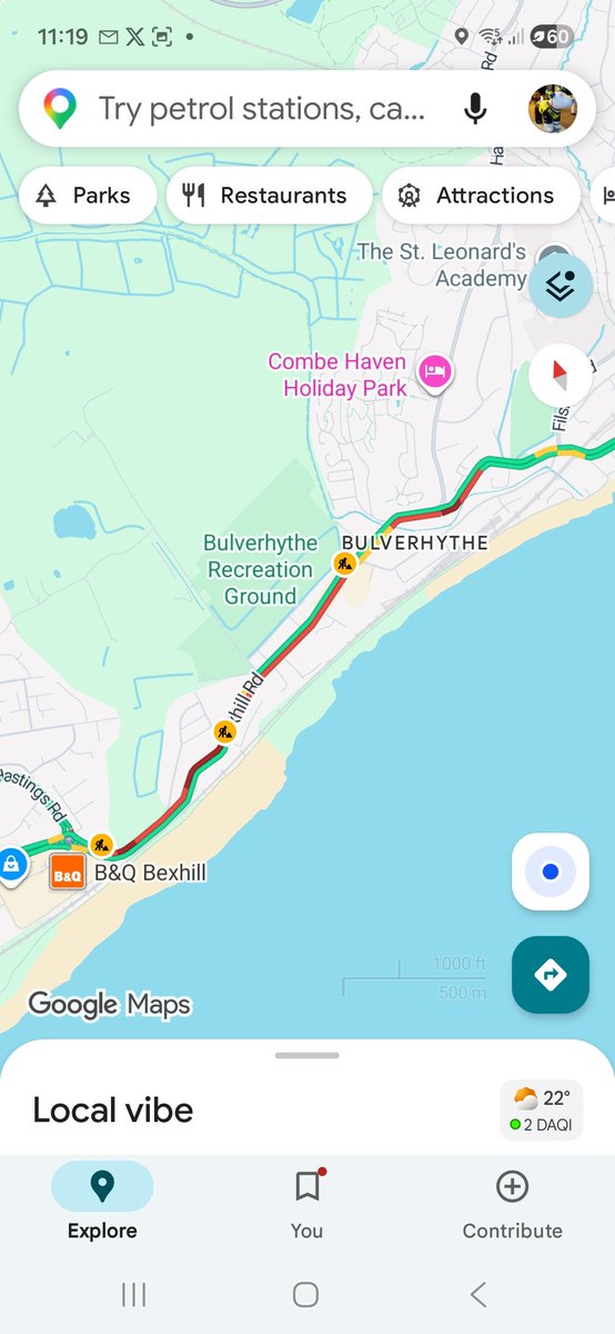 SussexTW's tweet photo. A259 at Bulverhythe between Bexhill and Hastings roadworks with temporary lights continue to cause delays on both approaches https://t.co/suHIuDcCvc