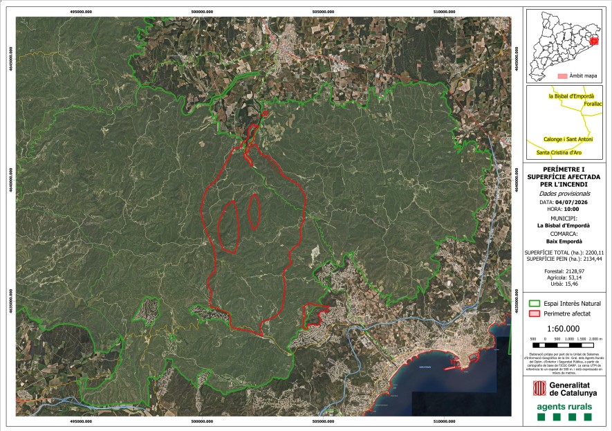 agentsruralscat's tweet photo. 🔴 ACTUALITZACIÓ (10.00h) Afectació de l'incendi #IFBisbaldEmporda sobre mapa elaborat per la unitat de Sistemes d'Informació Geogràfica (GIS)

📍 Forestal: 2.128,97 ha; Agrícola 53,14 ha.; urbà; 15,46 ha. 

D'aquestes, 2.134,44 pertanyen a l'espai natural Massís de Les Gavarres. https://t.co/0F7YTDk2vY