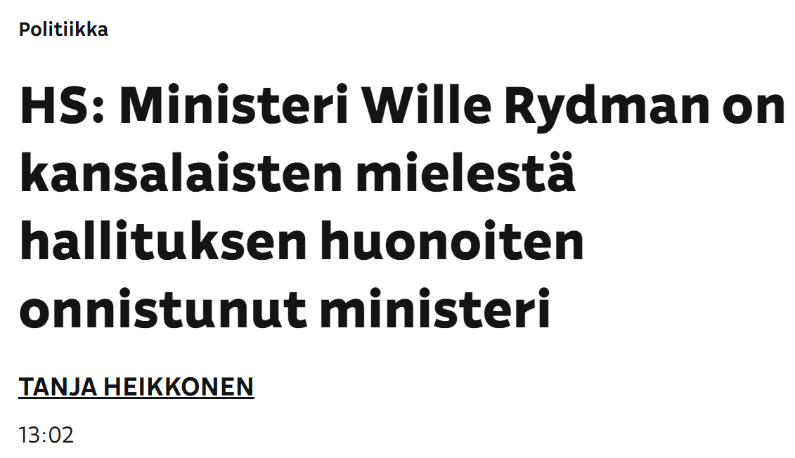 jojalonen's tweet photo. Sanoin aiemmassa ketjussani, että enemmistölle kansalaisista Rydman on todennäköisesti hallituksen vastenmielisin ja vihatuin ministeri.

Minun ei tarvinnut tätä päätelmääni varten tehdä muuta kuin kuunnella ihmisiä kirkonkylällä ja kaupungilla, mutta hyvä kun saatiin gallup. https://t.co/pCnK1brWyg
