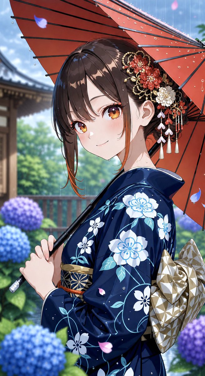 kawaiianime2025's tweet photo. こんばんは☔️りこです🤎

今日は深い藍色に白いお花が咲く着物に、鮮やかな朱色の和傘を合わせて、雨の庭園をお散歩してきました👘☂️✨

ー 静寂に響く、雨のしずく
　　　　　朱色の傘に、宿る日々
#oc https://t.co/QTH7IhOBcm