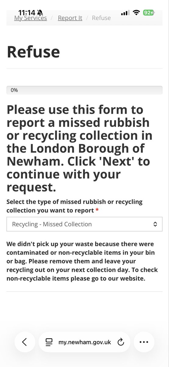 nomadicfollower's tweet photo. So actually @NewhamLondon you don’t acknowledge missing bin collections you just have a standard holding page reply. Didn’t even hav my address and it’s giving me reasons why bins aren’t collected. No wonder there’s so much rubbish building up in the streets. Con Artists. https://t.co/i5gxwwGNJi