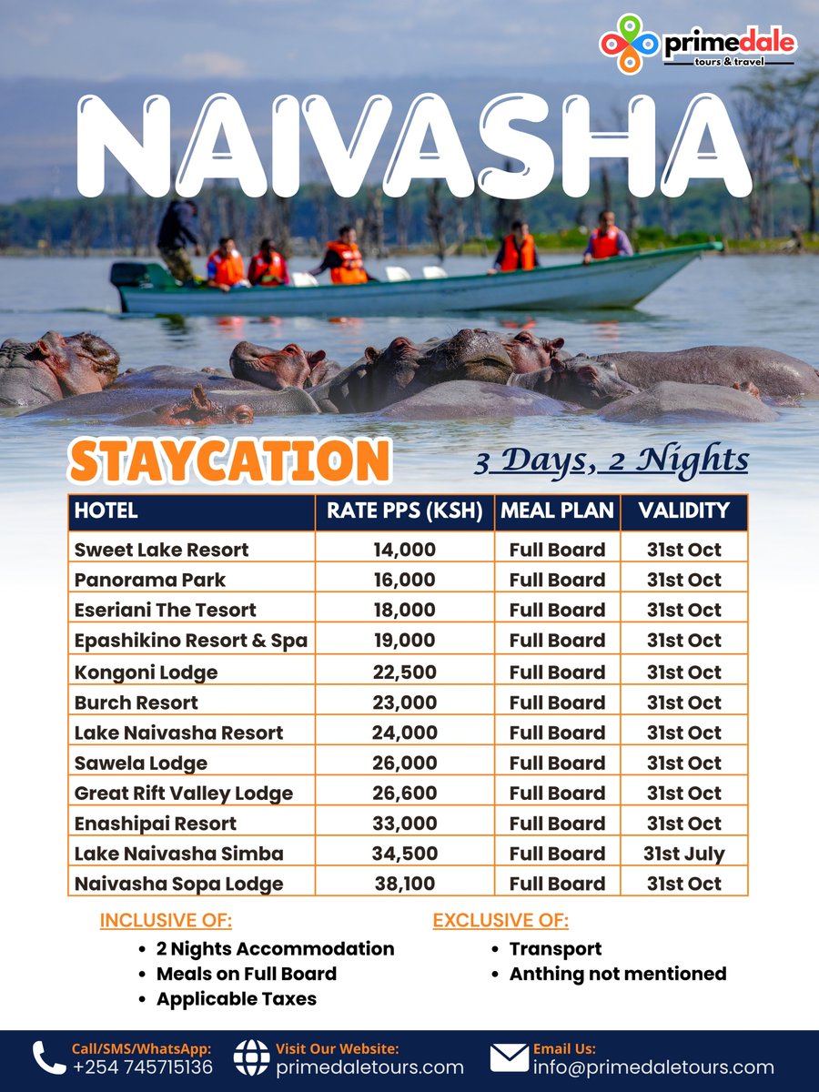 primedaletours's tweet photo. Looking for the perfect weekend escape?

Our Naivasha packages are designed for travellers who want more than just a getaway.Think boat rides on the lake, Crescent Island walks, Hell's Gate adventures, spa moments, and breathtaking sunsets all in one destination
 #PrimedaleTours https://t.co/iLPvlG3x3W