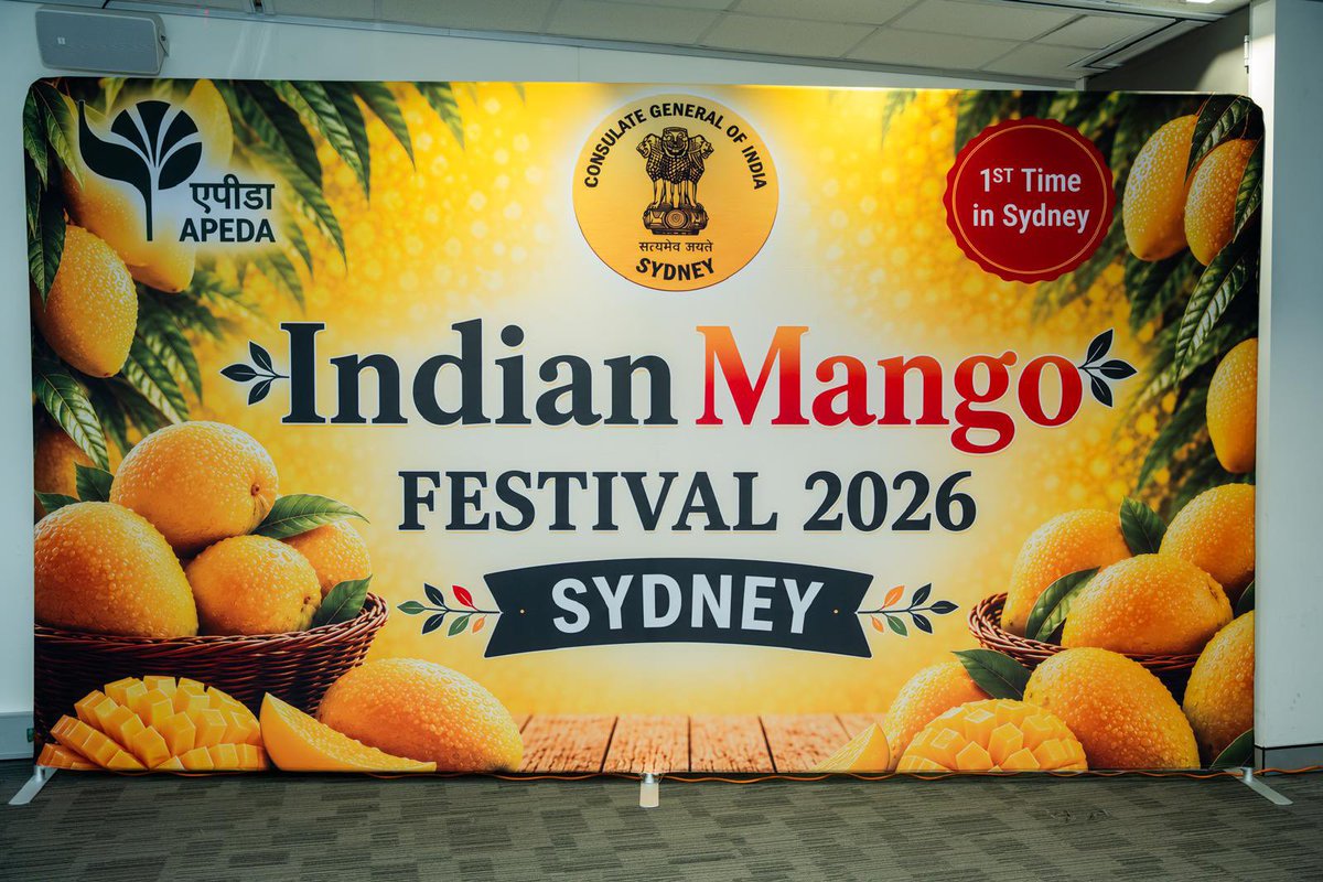 APEDADOC's tweet photo. Celebrating the taste of India in Australia. 🇮🇳🥭

APEDA, in association with the Consulate General of India in Sydney, proudly hosted the first-ever Indian Mango Festival in Sydney on 1st July 2026, showcasing five premium varieties of Indian mangoes from across India.

The festival brought together mango enthusiasts, who experienced the authentic taste of Indian mangoes and freshly prepared mango lassi, highlighting India’s rich horticultural heritage. The overwhelming response reflects the growing global appreciation for Indian fresh produce.

Through such initiatives, APEDA continues to promote India’s premium agricultural products, strengthen export opportunities, and expand the global footprint of Indian farmers and exporters.

#DoC_GoI #APEDA #IndianMangoes #MangoFestival #Sydney #FreshFromIndia
