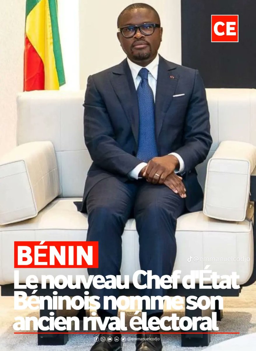 PeupleEspoir's tweet photo. BENIN:
Le nouveau Chef d'Etat
Béninois nomme son ancien rival électoral.
@emmanutapsoba @WadagniRomuald https://t.co/YaMvKdjG1s