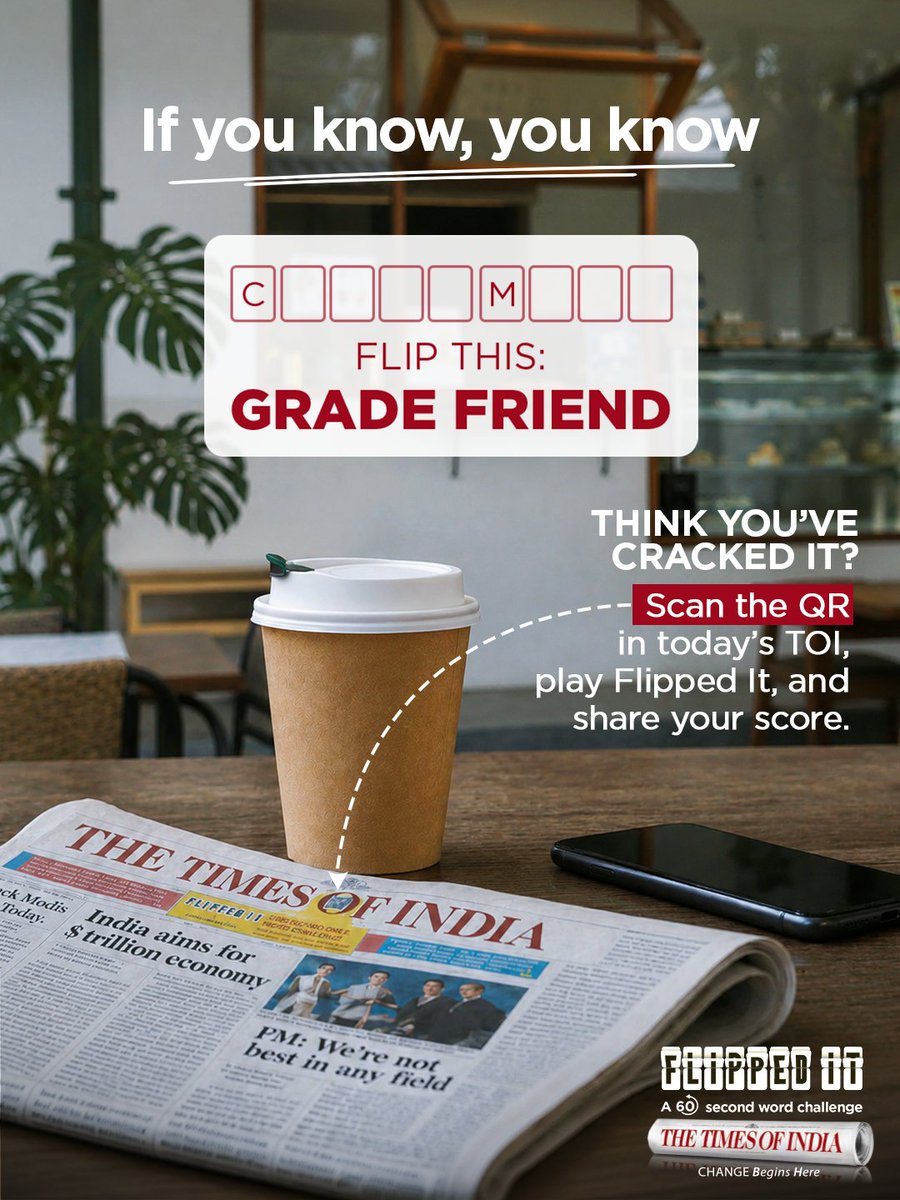 TOIHyderabad's tweet photo. The answer is hiding in plain sight.
Think you’ve cracked it? Drop your answers in the comments below. Scan the QR in today’s TOI and play Flipped It. Top scorers stand a chance to be featured in The Times of India.
#FlippedIt #TheTimesofIndia #WordChallenge #DailyChallenge https://t.co/GfBCzxtJuS