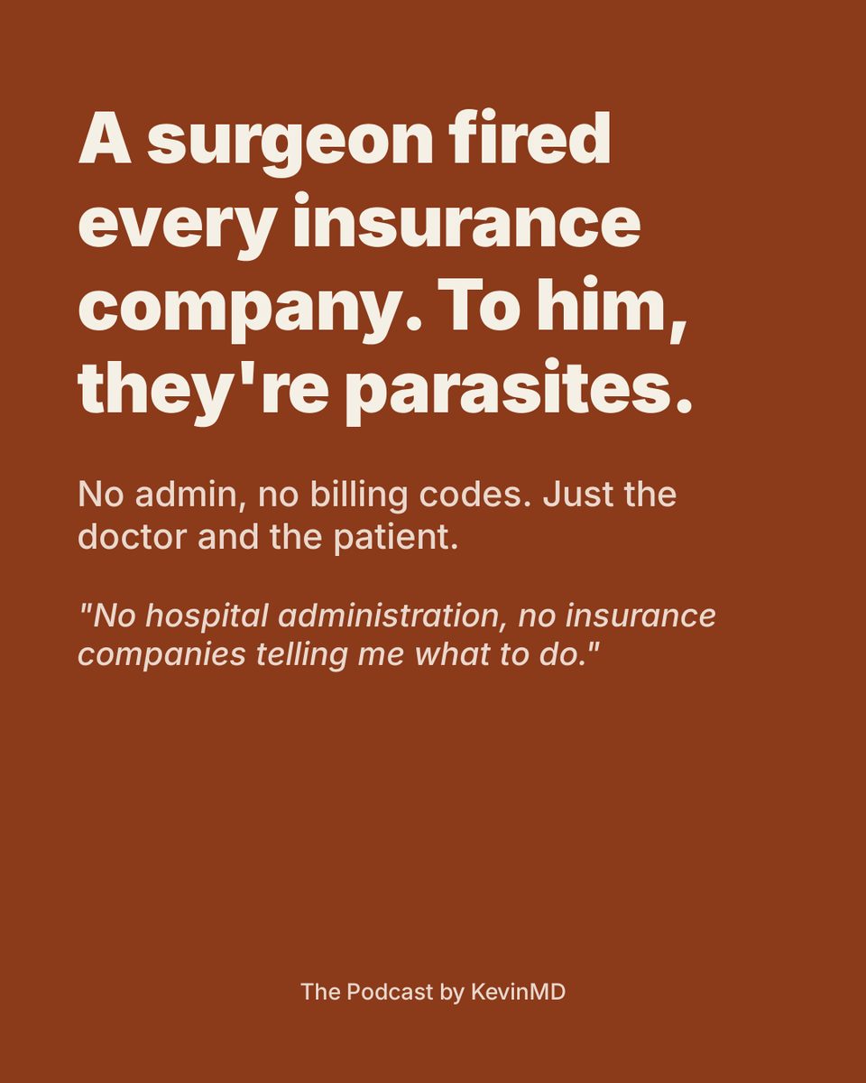kevinmd's tweet photo. An orthopedic surgeon calls insurance companies "parasites" and says the records system every doctor uses "isn't meant for note-taking, it's meant for billing." So he cut all of it.
 
Daniel Paull spent nine years training to do exactly what everyone else does: take a hospital job or join a large group, accept insurance, see a high volume of patients, run the standard machine. He looked at the machine and refused to build it.
 
His reasoning is the part worth sitting with, because it is structural, not sentimental.
 
To accept insurance, he says, he would have to hire roughly five full-time people and rent more office space. That overhead does not appear from nowhere. It has to be earned back, and the only way to earn it back is volume: more patients, less time with each one, shorter visits, less of the relationship he thinks is the actual core of medicine.
 
Then there is the software. When he says the electronic records system "isn't meant for note-taking, it's meant for billing," he is naming a design incentive most patients never think about. The technology in the exam room is optimized for the payer, not for the encounter. It exists to justify a claim, not to help a doctor think.
 
So he removed the whole apparatus. No hospital administration. No insurance company deciding how long he is allowed to spend with a patient. Just the doctor and the person in front of him.
 
What that buys on the patient side is not abstract. Same-day or next-day appointments instead of a two-month wait. The doctor's actual phone number, texts answered directly. If he is running late to you, he texts you himself. Compare that to the standard version everyone has learned to accept: wait two months, sit for two hours, and often be seen by the PA anyway.
 
His verdict on the layers he cut out is one line. They are parasites, and they are gone.
 
Here is the uncomfortable reframe worth bookmarking: much of what a patient waits through is not clinical necessity. It is the operational cost of the payment layer, passed down the line as delay.
 
Two years in, he runs an office, does surgeries, makes roughly fifty house calls, and says he is happier than he ever was inside the system.
 
Listen to the full conversation on The Podcast by KevinMD. Link in the replies.
 
What is the single layer between you and your doctor that you have never understood the purpose of?
 
#DirectCare #ThePodcastbyKevinMD
