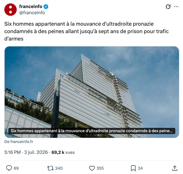 N_Molle's tweet photo. Il y a un peu moins d'un an, six membres du commando d'extrême droite radicale Action des forces opérationnelles (AFO) étaient condamnés. Aujourd'hui, un autre réseau est neutralisé. Cela devrait agiter les débats des chaînes d'info mais quasi personne n'en parle https://t.co/PYV1RUZc2I