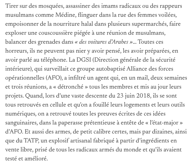 N_Molle's tweet photo. Il y a un peu moins d'un an, six membres du commando d'extrême droite radicale Action des forces opérationnelles (AFO) étaient condamnés. Aujourd'hui, un autre réseau est neutralisé. Cela devrait agiter les débats des chaînes d'info mais quasi personne n'en parle https://t.co/PYV1RUZc2I