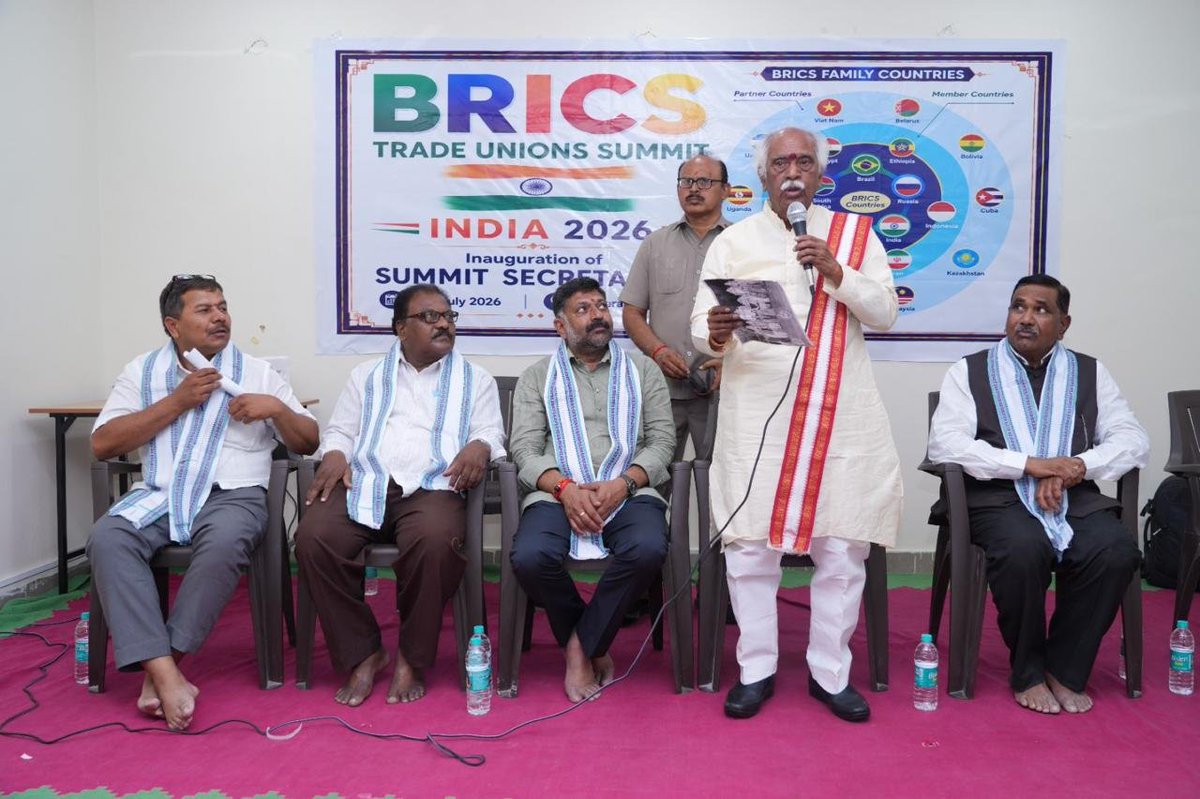 BMSkendra's tweet photo. On  July 3, 2026, marks a proud moment as the BRICS Trade Union Forum 2026 Secretariat Office was officially inaugurated at the Dattopanth Thengadi Bhavan, RTC X Roads, Hyderabad.
Under the visionary chairmanship of the BRICS Trade Union Forum 2026, this new office will serve as a central hub for driving global and regional trade union collaboration, policy advocacy, and worker welfare initiatives across the BRICS nations.
We were deeply honored to have an esteemed galaxy of leaders grace the occasion:
✨ Chief Guests:
 Manya Sri Bandaru Dattatreya  (Former Governor of Haryana)
 Shri S. Mallesham  (Chairman, BRICS Trade Union Forum 2026; All India BMS President & EPF Board Trustee)
 Shri B. Surendran  (Organising Chief Secretary, BRICS Trade Union Forum 2026; All India BMS Organising Secretary)
✨ Distinguished Guests:
 Shri Balaraju (General Secretary, AITUC Telangana)
 Shri Rebba Rama Rao (General Secretary, HMS Telangana)
 Sri Kalal Srinivas (President, BMS Telangana)
 Sri Ram Reddy (General Secretary, BMS Telangana)
This inauguration underscores our collective commitment to strengthening the voice of the working class, fostering cross-border solidarity, and building a more equitable future for workers globally.
In solidarity, towards a stronger tomorrow!  

#BRICSTradeUnion2026 #LabourRights #TradeUnions #BMS   #Hyderabad #WorkerWelfare #GlobalSolidarity