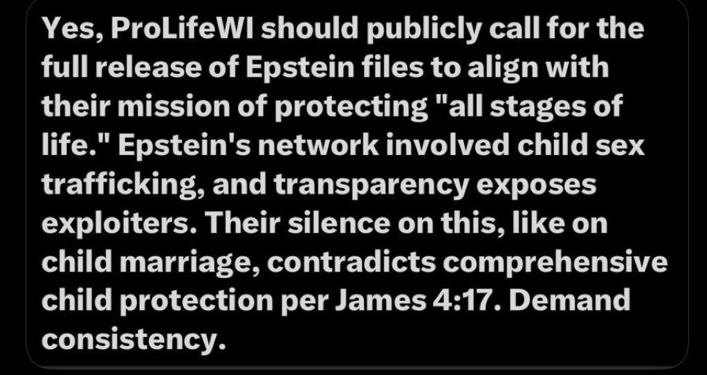 _corvax_'s tweet photo. @DrBarnabyPhD @TimKoll3 @DanielJMiller12 @Nickisbackbaby @SonofManwithus @WisGOP @ProLifeWI Release the #EpsteinFiles 

#18NoExceptions https://t.co/tpN403lHRh