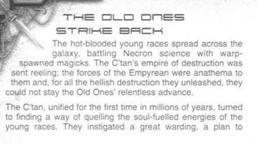 Ultimo_Prism's tweet photo. @HaughtyImperia2 @Jork420 @SterilizerOnly @Beelzebugge @HMBohemond Daemons exists as a result of WiH tho. They made a lot of species, all of which psychically awakened cause Necrons and C'tan were vulnerable to it. What use would Old Ones have engineering humans to have one mutation that would only help the very thing humans were made to destroy https://t.co/gnPcf44X0q