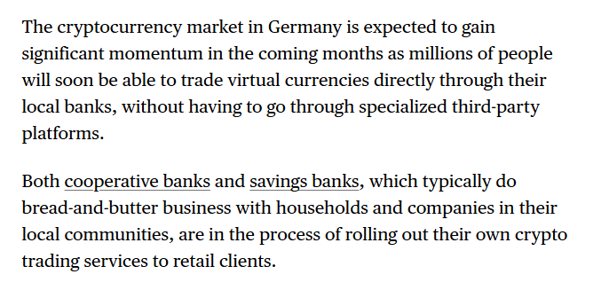 WuBlockchain's tweet photo. Bloomberg: German Savings Banks and Cooperative Banks to Bring Crypto Trading to Millions of Retail Customers

Bloomberg reports that Germany’s crypto market could see significant growth in the coming months as regional savings banks (Sparkassen) and cooperative banks (Volksbanken) begin rolling out native cryptocurrency trading services to retail customers. The move will allow millions of Germans to buy and sell crypto directly through their existing banking apps, eliminating the need for third-party exchanges and further lowering the barrier to crypto adoption.