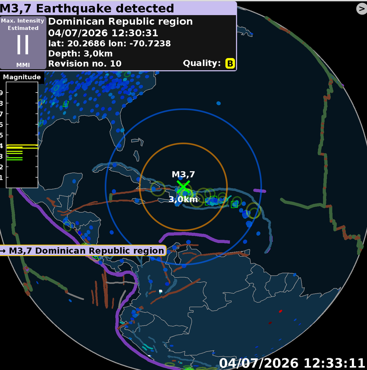 mysteryWN's tweet photo. 🇩🇴En Republica Dominicana, ahora mismo, se acaba de producir un sismo de magnitud 3.5 en revisión frente a las costas norte de la isla. A tan solo 3 km de profundidad. Tras ser revisada la magnitud queda en 3.7 y se tiene que haber notado mucho, sobre todo en zonas de costa.

Imagenes de la aplicación de @Global_Quake