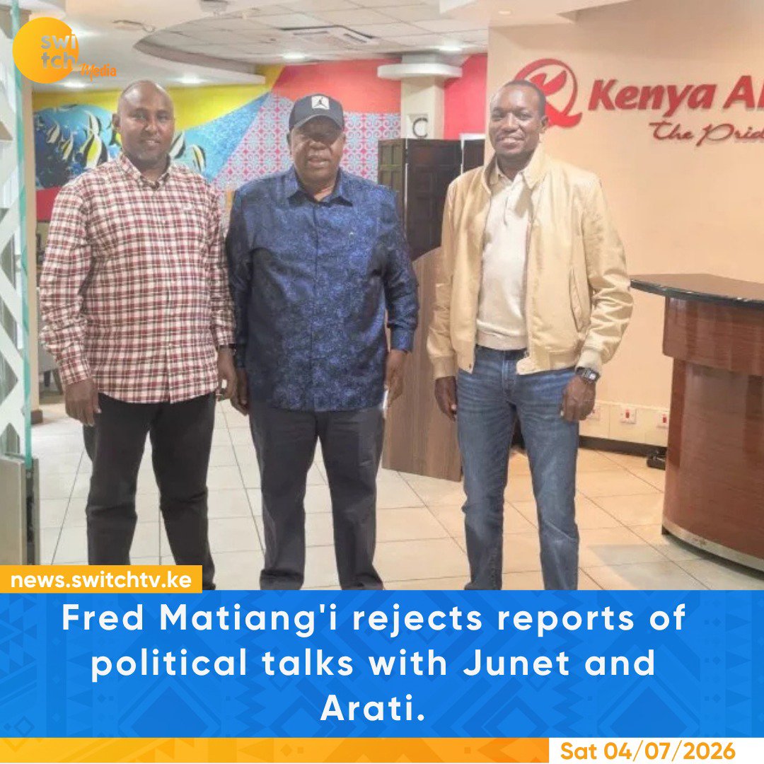 switchtvkenya's tweet photo. Former Interior Cabinet Secretary Fred Matiang'i has dismissed reports claiming he held political talks with Junet Mohamed and Simba Arati, saying the alleged meeting never took place.

#FredMatiangi #KenyaPolitics #JunetMohamed #SimbaArati #KenyaNews https://t.co/LiabfXYFph
