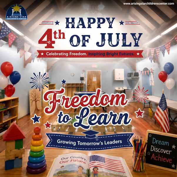 Arisingstar_'s tweet photo. Happy 4th of July! Wishing you a safe, joyful, and memorable Independence Day. At A Rising Star Children's Center, we're proud to help little learners grow every day.

Learn more: https://t.co/KmkzS2q8jz

#Happy4thOfJuly #IndependenceDay #ChildCare #Preschool https://t.co/EIn79fLL8X
