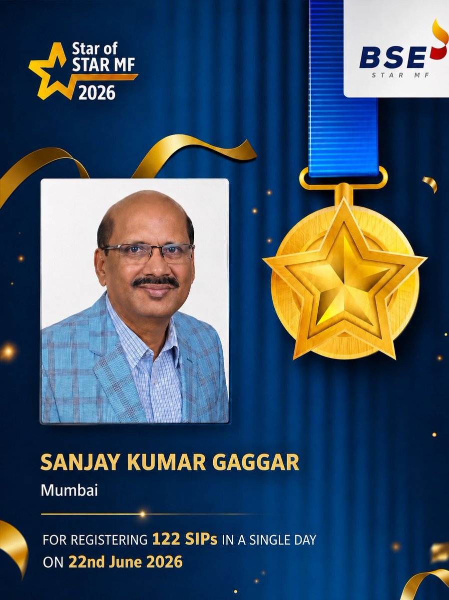 BSEStARMF's tweet photo. Kudos to our MFD Shri Sanjay Kumar Gaggar from Maharashtra  for 7th successful SIP drive of FY 26-27 and registering 122 SIPs in a day. #SIPchampion @BSEIndia @ADS0210 @NationalBulls @JKetan5 @kalyanbose4u  @santoshG1207 https://t.co/VulJbVrRiZ