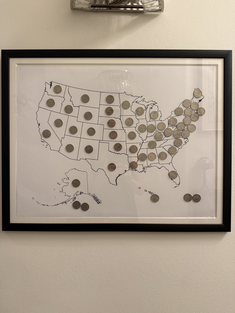 vobonline's tweet photo. Happy 4th of July!  What do you think is harder - finding all 50 state quarters (plus Guam, US Virgin Islands and Puerto Rico) in a bag of quarters, placing each quarter on the right state without looking online or glueing them so they don’t fall off? 🤣🤦‍♀️👏

#4thofjuly #50states #projects #quarters #independence