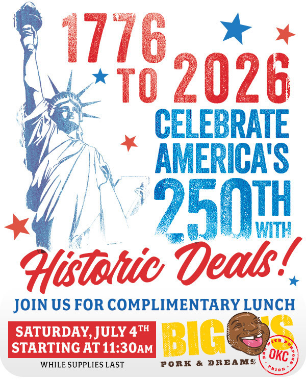 ToyotaOKC's tweet photo. Celebrate 250 years of freedom with us! 🎆

From 1776 to 2026, we’re marking America’s milestone birthday with historic deals and a complimentary lunch on Saturday, July 4th starting at 11:30 AM. https://t.co/eDg5IDTK1H
