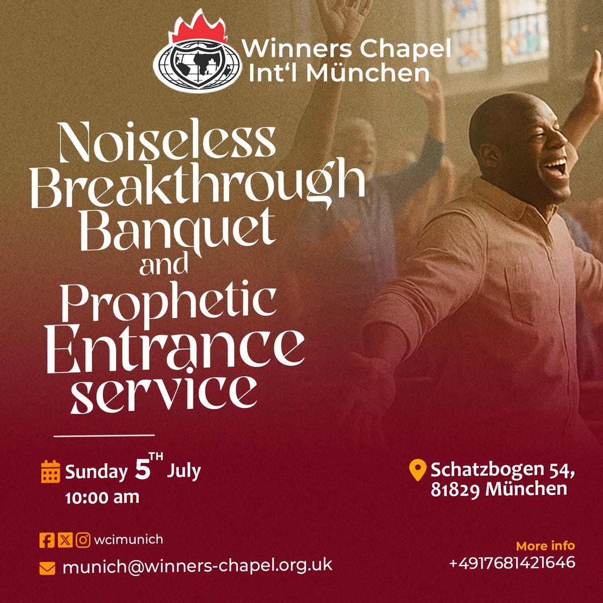 wcimunich's tweet photo. Join us this Sunday for our with Noiseless Breakthrough Banquet and Prophetic Entrance Service. Come expecting an encounter for supernatural breakthroughs by the power of the Prophetic Word.

#PropheticEntranceService
#YearOfOpenDoors
#WinnersChapel
#WCIMunich
#Churchinmunich https://t.co/Ss2AE6tUGz