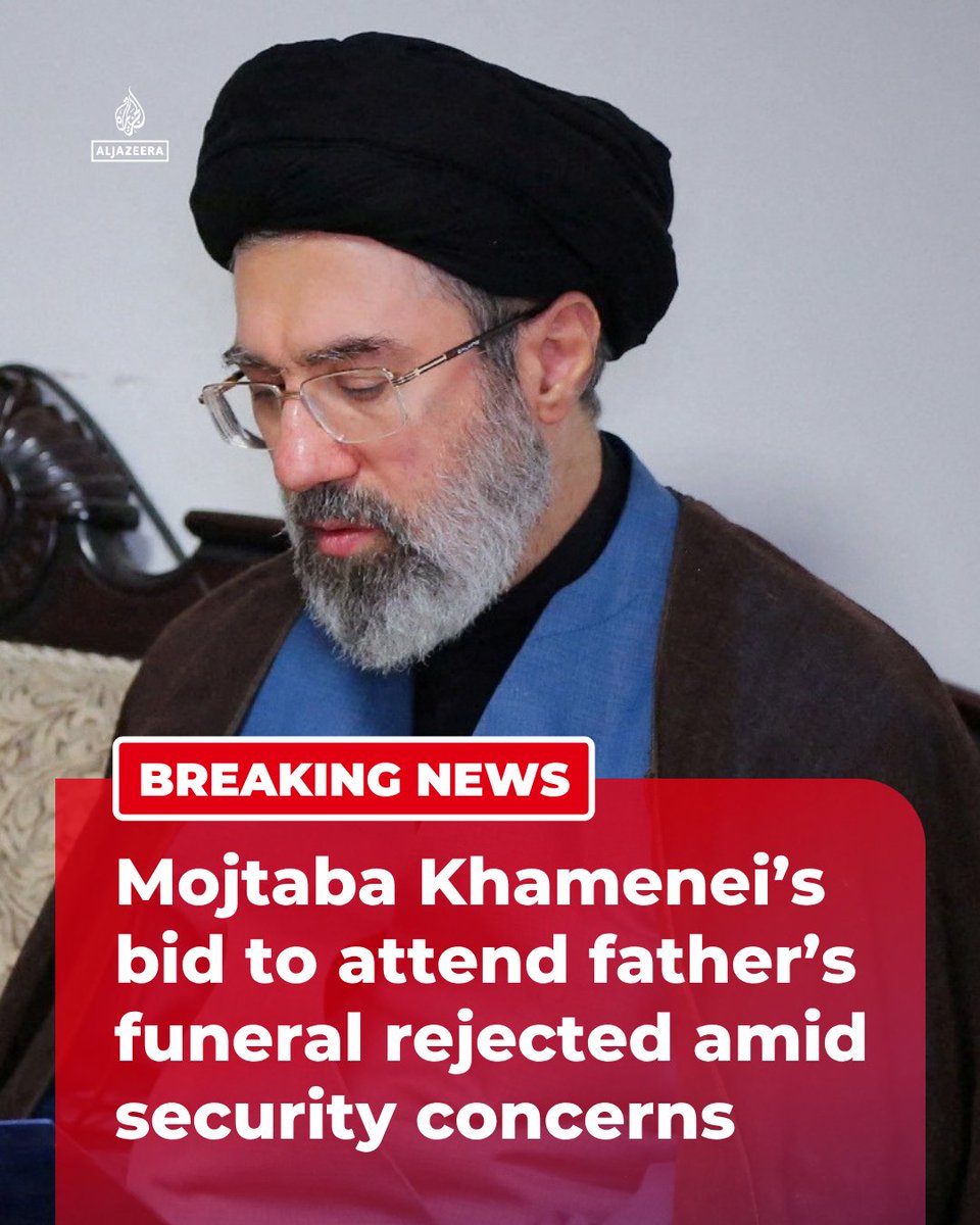 RT by @mikenov: RT by @mikenov: BREAKING: Iran's supreme leader Mojtaba Khamenei’s request to attend his father’s funeral has been denied amid fears he could be targeted, US media reports, citing two members of the Revolutionary Guard. 🔴 More on http://Aljazeera.com