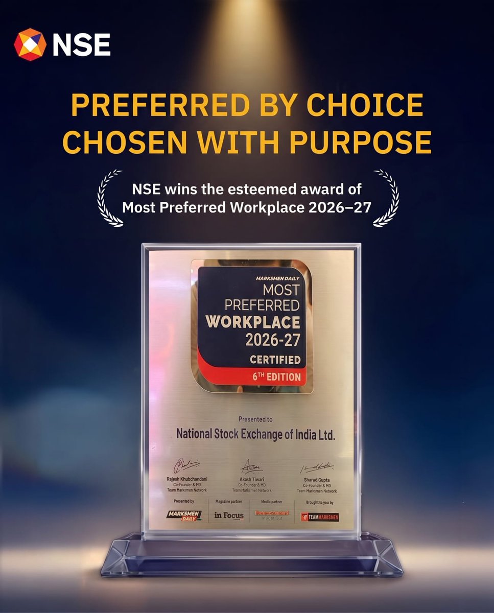 NSEIndia's tweet photo. A great workplace is built by the people who choose to grow within it, every single day. We are proud to be recognised as a Most Preferred Workplace 2026–27.

This recognition is an affirmation of our continued focus on building a workplace defined by trust, respect, collaboration, continuous learning and people that make NSE what it is.

#NSE #NSEIndia #MostPreferredWorkplace #MPW2026 #Awards @ashishchauhan