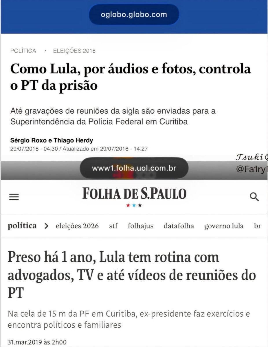 NunesOliveira33's tweet photo. .
📌 - Olha o que a memória registra e o presente escancara:
👉 2018/2019: Lula, preso na cela da PF em Curitiba, controlava o PT com gravações de reuniões, áudios, fotos e vídeos enviados para a cúpula.
📍 Tinha rotina com advogados, TV e comandava tudo de dentro da prisão. Manchetes da Folha, O Globo e Veja tratavam como normal. “Tuíta da cadeia”, ele mesmo ironizava.

👉 - 2026: Alexandre de Moraes impede o uso das redes de Jair Bolsonaro (somadas, 60 milhões de seguidores) na pré-campanha de Flávio. 
📍Campanha terá que recorrer novamente ao TSE contra a proibição. 
📍O ex-presidente vira refém digital do sistema.

📌 - A diferença❓
📍Quando era o “companheiro” na cadeia, censura virava “democracia”. 
📍Quando é o adversário, vira “defesa da instituição”.

📌 - É o famoso “para os amigos, tudo; para os inimigos, a lei”, ou melhor, a lei deles.
📍 Enquanto Lula mandava do xadrez, Bolsonaro nem pode falar com seu povo.

📌 - Esse é o padrão de quem se acha dono do Brasil. 
📍O povo não esquece.

Print's By: 
@Fa1ryNight e @viniciuscfp82
.