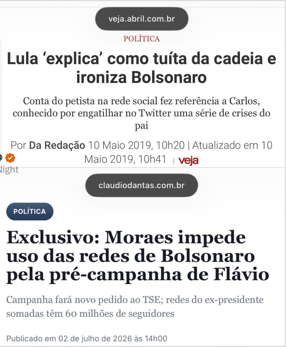 NunesOliveira33's tweet photo. .
📌 - Olha o que a memória registra e o presente escancara:
👉 2018/2019: Lula, preso na cela da PF em Curitiba, controlava o PT com gravações de reuniões, áudios, fotos e vídeos enviados para a cúpula.
📍 Tinha rotina com advogados, TV e comandava tudo de dentro da prisão. Manchetes da Folha, O Globo e Veja tratavam como normal. “Tuíta da cadeia”, ele mesmo ironizava.

👉 - 2026: Alexandre de Moraes impede o uso das redes de Jair Bolsonaro (somadas, 60 milhões de seguidores) na pré-campanha de Flávio. 
📍Campanha terá que recorrer novamente ao TSE contra a proibição. 
📍O ex-presidente vira refém digital do sistema.

📌 - A diferença❓
📍Quando era o “companheiro” na cadeia, censura virava “democracia”. 
📍Quando é o adversário, vira “defesa da instituição”.

📌 - É o famoso “para os amigos, tudo; para os inimigos, a lei”, ou melhor, a lei deles.
📍 Enquanto Lula mandava do xadrez, Bolsonaro nem pode falar com seu povo.

📌 - Esse é o padrão de quem se acha dono do Brasil. 
📍O povo não esquece.

Print's By: 
@Fa1ryNight e @viniciuscfp82
.