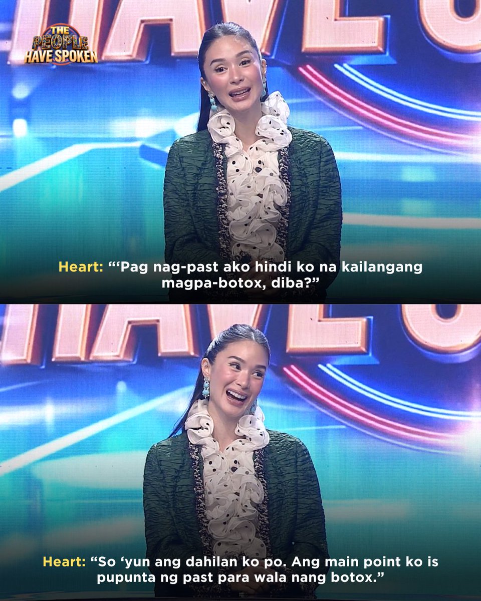 gmanetwork's tweet photo. "...PARA WALA NANG BOTOX" - Heart Evangelista
Ito ang sagot ni Heart sa tanong na "Kung makakapag-time travel ka, saan ka pupunta?" sa #ThePeopleHaveSpoken!
#TPHSGitgitanAngLaban https://t.co/X2QiusZzVo