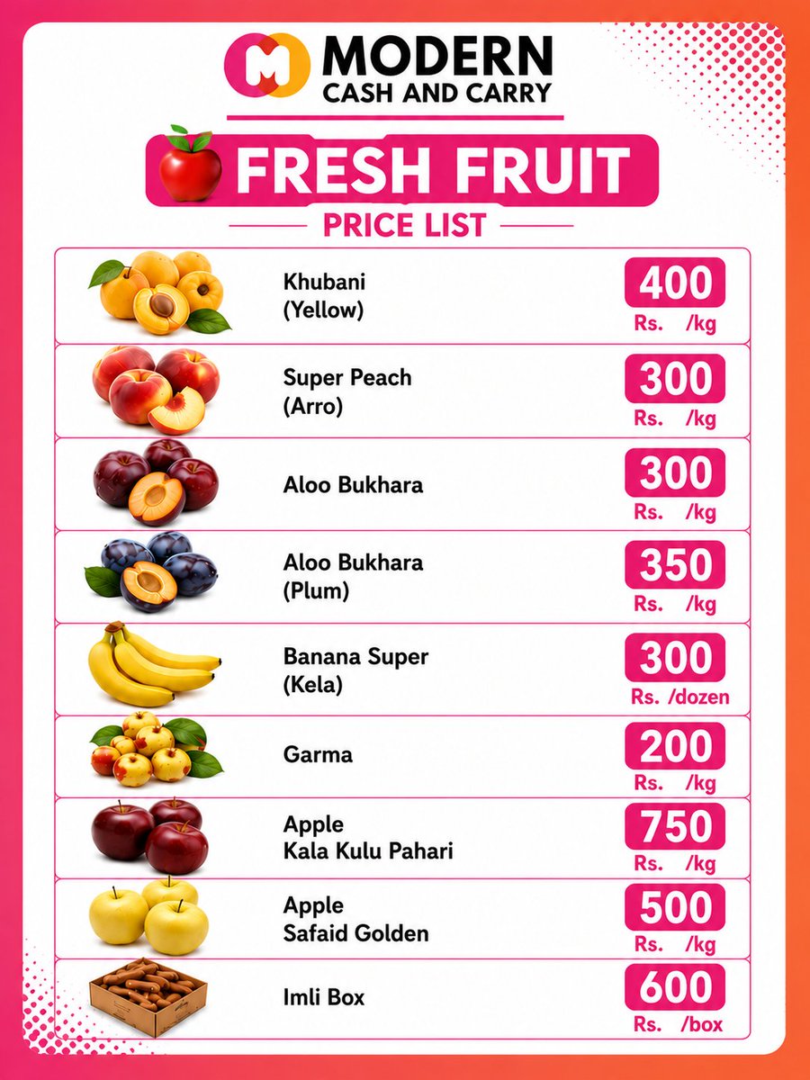 ModernCashCarry's tweet photo. Quality products, transparent pricing, and fresh daily stock are what customers expect—and that's exactly what we aim to provide at Modern Cash &amp; Carry.

Our latest Fresh Fruit &amp; Mango Price List offers a wide selection of seasonal fruits at competitive prices, helping families https://t.co/9wASm6td8c