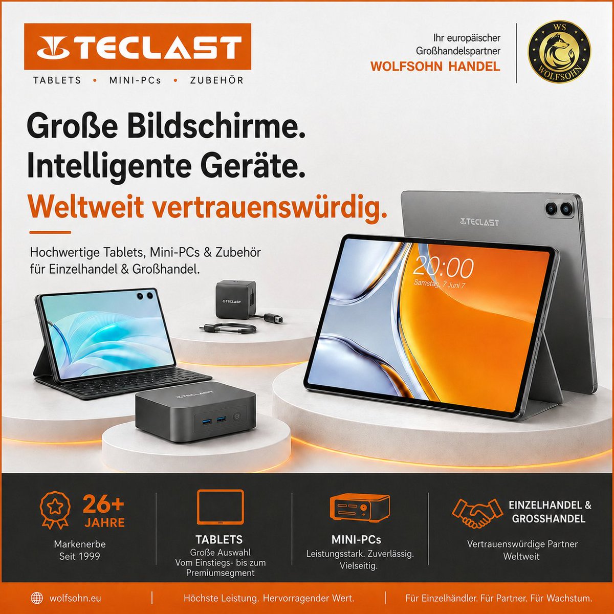 Wolf_sohn's tweet photo. TECLAST – Große Bildschirme. Intelligente Geräte.
Seit 1999: hochwertige Tablets, leistungsstarke Mini-PCs &amp; Zubehör. Weltweites Vertrauen, starke Leistung, top Preis-Leistung.
Wolfsohn bringt TECLAST in den europäischen Handel.
🌐 https://t.co/bVAU8Ok3NS https://t.co/GbfhalIM0J https://t.co/xJ5zz8He8l