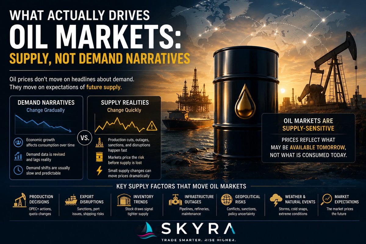 SkyraCIP's tweet photo. Everyone talks about oil demand.

Markets often focus on supply.

Production cuts, export disruptions, inventories, logistics, and geopolitical risks can move prices long before demand data changes.

#OilMarkets #CrudeOil #CommodityTrading #EnergyMarkets #OPEC https://t.co/3iGhqhLrT5