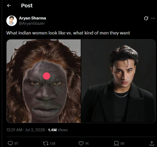 ostzephyr's tweet photo. Just found out about this phenomenon of some Indian incels unironically thinking they're  white while seeing their female counterparts as swarthy lol https://t.co/WMdRYJVmBr
