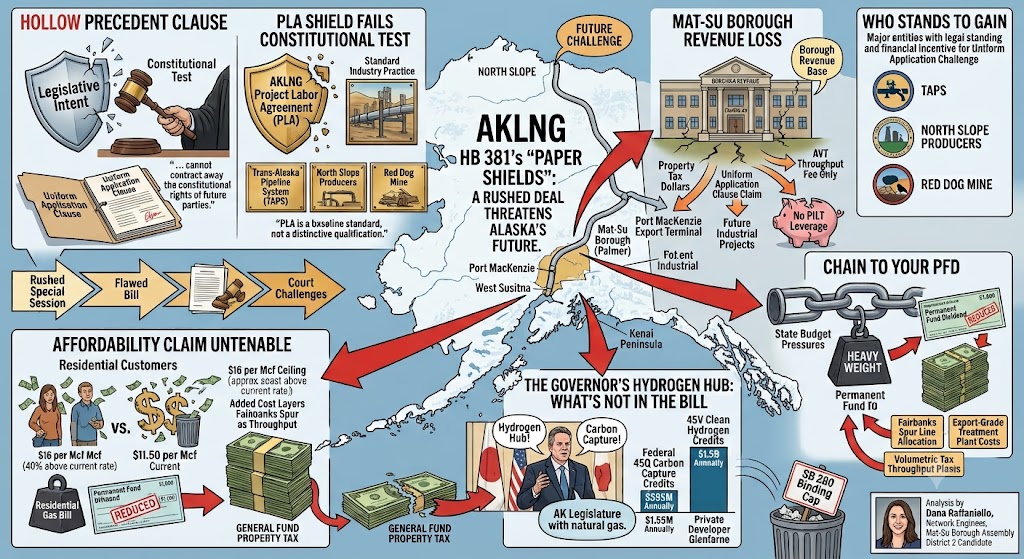 draffaniello's tweet photo. #akleg #akgop
Something important about HB 381 that the "Build the Gasline" messaging leaves out.
I support bringing North Slope gas south. Cook Inlet production is declining and new infrastructure is eventually going to be necessary. What I cannot support is the specific legal architecture of Version Q, the conference committee draft sitting in Juneau right now, because two of its key provisions are constitutionally hollow and the fiscal consequences of that hollowness reach directly into your annual PFD check and your borough's revenue base.
The "Not Precedent" declaration.
Section 1(c) of the bill states that it "shall not serve as precedent" for taxing any other property in Alaska. That sounds protective. It isn't. Alaska's courts apply the Uniform Application Clause of our state constitution independently of whatever the legislature says about itself. Once this tax structure is law, every major industrial operator on the North Slope, every future developer at Port MacKenzie, every mining company looking at the West Susitna corridor, has a documented benchmark to point to and demand equal treatment. A legislative declaration cannot change that. Courts decide what the law means, not the legislature's commentary about its own intentions.
The Project Labor Agreement "shield."
The bill conditions its tax structure on requiring a union Project Labor Agreement, presented as what makes this project legally unique. Alaska is not a right-to-work state. TAPS has operated under a PLA since the 1970s. ConocoPhillips, Hilcorp, and Red Dog Mine all operate under collective bargaining agreements with apprenticeship programs. An attorney representing any of those operators in an equal protection lawsuit would walk into court, hand the judge their existing union agreements, and ask what exactly the AKLNG PLA makes distinctive. The honest answer is very little.
What happens when these shields fail in court.
If North Slope operators and industrial developers successfully argue they deserve the same tax treatment as AKLNG, the 20-mill property tax on billions of dollars of assessed infrastructure value shifts to a small throughput fee. That is hundreds of millions of dollars annually removed from Alaska's general fund. The legislature funds the PFD from the same annual earnings reserve draw it uses for everything else. It has already reduced your dividend to roughly $1,000 citing budget pressure. Add hundreds of millions in annual general fund revenue loss to those existing pressures and you are watching the mechanism by which this bill makes the PFD fight harder to win every single year going forward.
For Mat-Su specifically.
Port MacKenzie and the West Susitna Access corridor represent the borough's long-term industrial tax base. Once Version Q passes, every future developer at those sites has a legal blueprint to demand the same property tax exemption AKLNG receives. The borough could not even negotiate a PILT agreement in that scenario, because a court ruling establishing AVT entitlement removes the legal basis for that negotiation. The Mat-Su Assembly closed three elementary schools this year over a budget gap measured in single-digit millions. The revenue at stake in this equal protection exposure is measured in hundreds of millions.
The transparency question nobody in Juneau will answer directly.
The governor has been publicly advocating clean hydrogen and carbon capture as Alaska's energy future since December 2022, including an op-ed, a DOE concept paper, and a Japan trade mission where the central propositions were hydrogen export and carbon sequestration. The project's own paid consultant told the Senate Finance Committee under oath that natural gas itself "is not the driver" of this project's value. The federal 45Q carbon capture credit, worth $85 per ton at a planned 7 million tonnes annually, generates approximately $595 million per year in transferable, tax-free cash for the developer. The 45V clean hydrogen credit could add up to $1.5 billion more annually. Neither credit appears in a single fiscal note attached to any version of this bill. The December 31, 2027 federal deadline for that 45V credit is almost certainly the real reason for the urgency nobody in the administration will name directly.
If this were honestly presented as a hydrogen hub and carbon capture project, Alaska could negotiate from its actual position of strength: we own the pore space, the right-of-way, the royalty gas, and the geology the credits depend on. Instead it is being presented as a property tax adjustment for a gas delivery project, with the real financial architecture kept out of the fiscal record, so the legislature cannot negotiate for value it has not been told exists.
https://t.co/x1YLCg9tj9