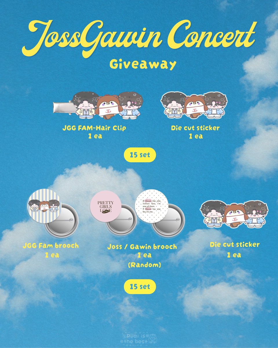 pjaiisthebest's tweet photo. 𝐆𝗶𝘃𝗲𝗮𝘄𝗮𝘆  #JossGawinConcert

♡ JGG Fam hair clip 1 ea
♡ Die cut sticker 1 ea
15  𝘀𝗲𝘁

☆ JGG Fam Brooch 1 ea
☆ Joss/Gawin stand Brooch (random) 1ea
☆ Die cut sticker 1ea
15 𝘀𝗲𝘁

(ตั้งใจทำม้าก มารับกันนะคับ)
(For trades pls dm kub) https://t.co/xkfyTzizS3