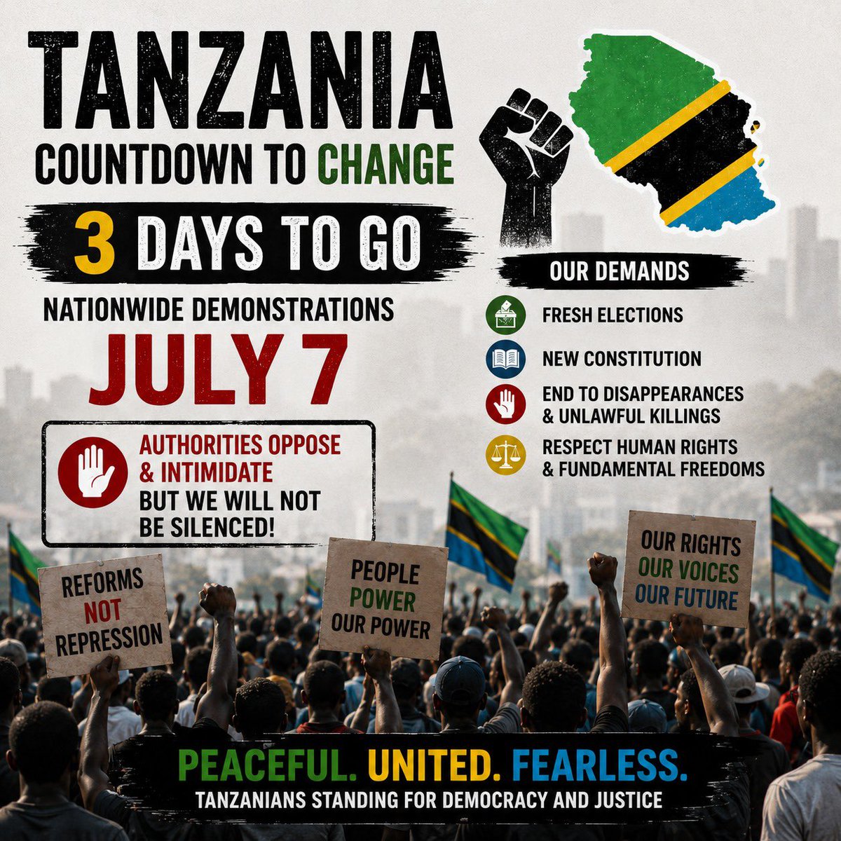 MariaSTsehai's tweet photo. Countdown to change ✊🏽🇹🇿 #Tanzania 
Gen Z Tz is focused now we need Gen Zote 
Aluta continua ndo hii! Hakuna kukata tamaa!
#77Tunatoka #SamiaMustGo #FreeTunduLissu #JusticeForMO29 https://t.co/7nafz9PJEz