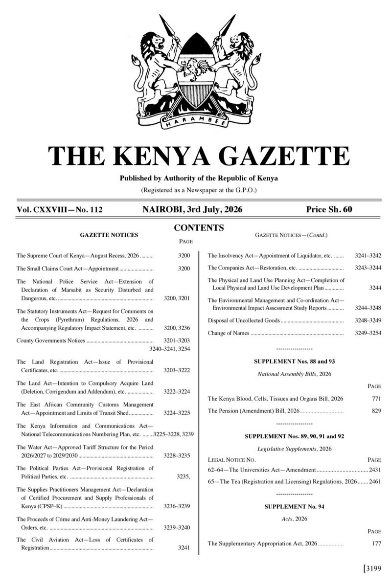 Ghjuseppe's tweet photo. Kenya Gazette Issue Vol. CXXVIII—No. 112 NAIROBI, 3rd July, 2026 is now available here https://t.co/5GQMu6OGiD https://t.co/LcqG1JzgGr