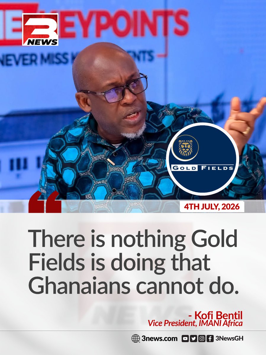 tv3_ghana's tweet photo. IMANI Africa Vice President Kofi Bentil has expressed support for Ghanaian companies taking over the Damang Gold Mine from Gold Fields, stating that there is nothing the South African miner does that locals cannot replicate. 

#TheKeyPoints #TV3GH https://t.co/7Jj8ILIaYo