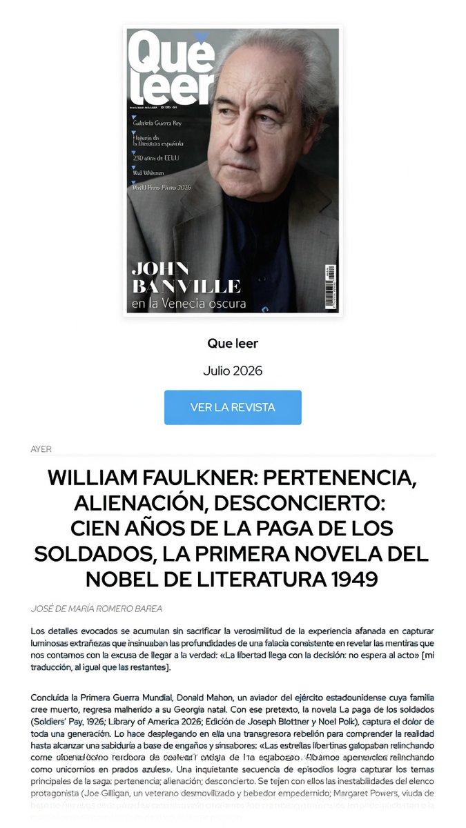 JdMRomeroBarea's tweet photo. @LibraryAmerica @revistaqueleer @martacamnu @masleer 📖“Solo los #necios profieren elogios. El #sabio lo dice todo sin rodeos” #WilliamFaulkner #Centenario de #LaPagaDeLosSoldados @LibraryAmerica Mi #homenaje en @revistaqueleer @SAforismos @FFilologiaUS @DelegaLitterae @Filologandopod 💙#Semiquincentennial https://t.co/w9WYdGt0os https://t.co/rt6cLQA9c6