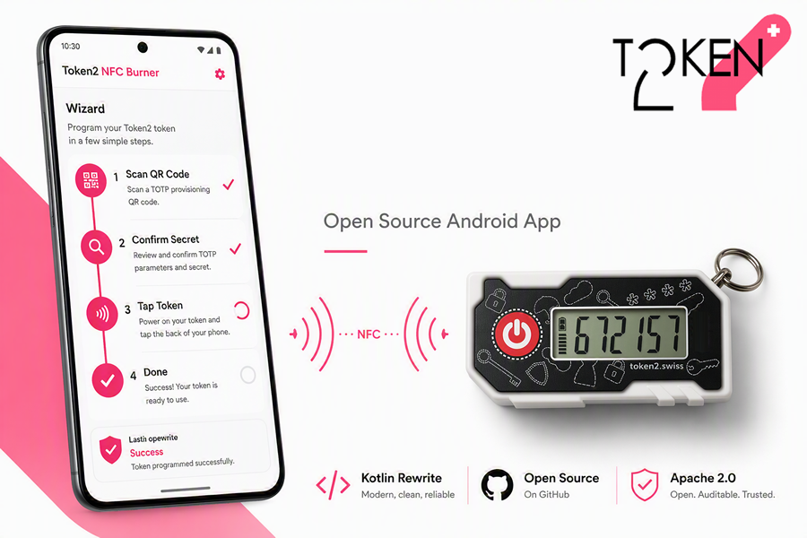 TokenTwo's tweet photo. We've open-sourced the Token2 NFC Burner app.
The full source code of our Android app for programming single-profile TOTP tokens (miniOTP-2/3, OTPC-P1/P2, C301/C302) is now on GitHub under the Apache 2.0 license. Version 3.0.0 is a complete rewrite in Kotlin, with a step-by-step wizard, clearer error messages when the wrong QR code or device is scanned, and an expert mode with a manual console for advanced users. The NFC protocol itself is a byte-exact port of our reference implementation. We believe a tool that writes secrets to security hardware should be auditable. Now anyone can review the code, build the app themselves, or contribute.

https://t.co/jKUM02a9BG
