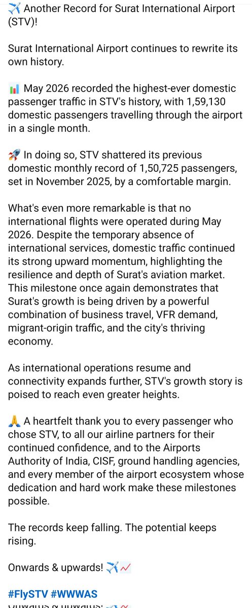 WWWASurat's tweet photo. @airindia Surat is one of India's strongest underserved aviation markets. Record pax numbers despite limited connectivity clearly shows sustained business and VFR demand. We'd love to see Air India connect STV to major domestic &amp; international destinations.
#FlySTV https://t.co/Wcs8ENM280