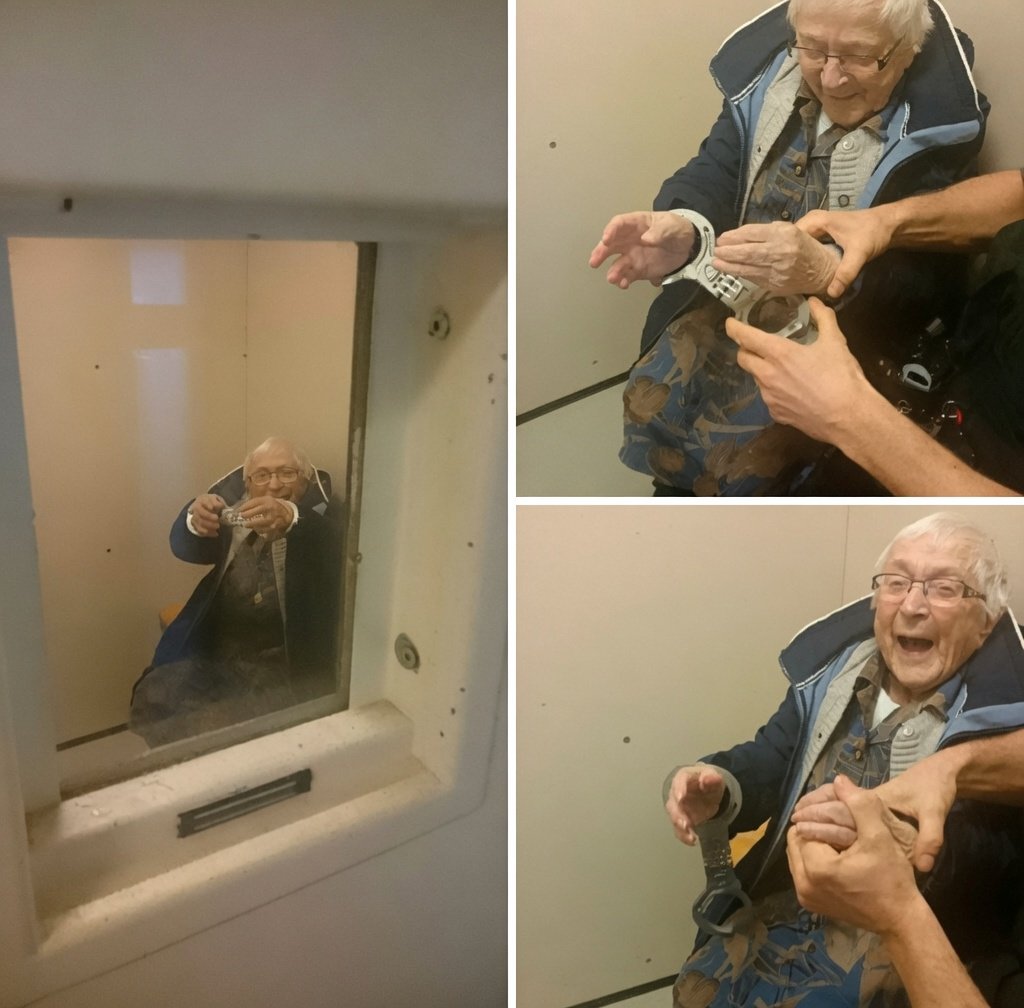 WolfofX's tweet photo. This 99-year-old true crime fan had always dreamed of being arrested. When the Dutch police found out that it was on her bucket list, they picked her up, handcuffed her, and threw her in the slammer. She enjoyed every minute of it https://t.co/VcKBOeEQrY