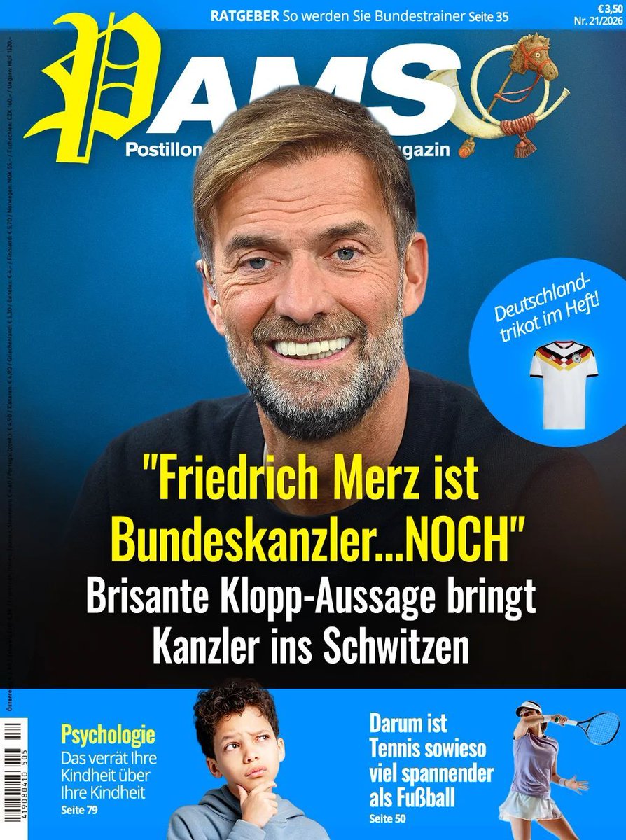 Der_Postillon's tweet photo. Morgen in PamS: "Friedrich Merz ist Bundeskanzler...NOCH" – Brisante Klopp-Aussage bringt Kanzler ins Schwitzen  https://t.co/oYXCz4IBoX https://t.co/8EDEdLoItG