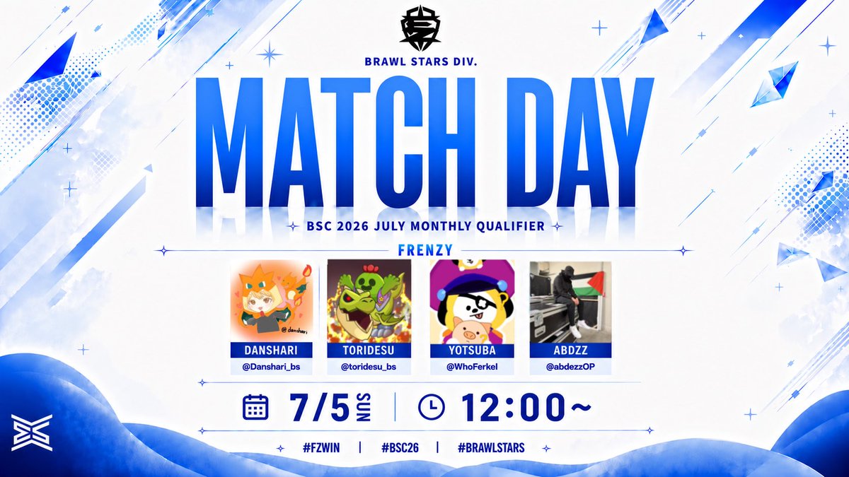 Frenzy_FZ's tweet photo. 【Brawl Stars Div.|Match Day】
BSC 2026 July Monthly Qualifier
⚔️ 7/5 (Sun) 12:00~
Danshari @Danshari_bs
Toridesu @toridesu_bs
Yotsuba @WhoFerkel
Abdzz @abdezzOP
#FZWIN | #BSC26 | #BrawlStars https://t.co/dNKbrJgYVW