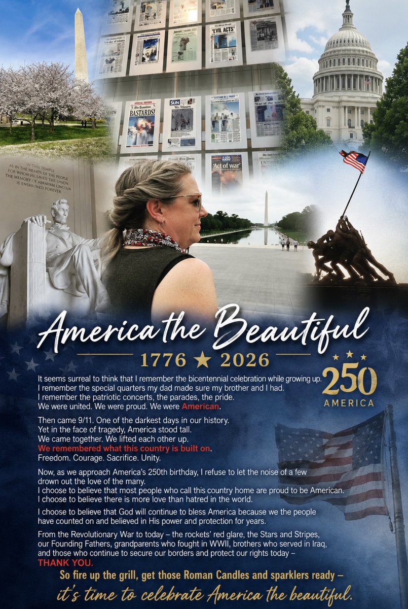 p_chellie's tweet photo. America the Beautiful

1776 ★ 2026

250 Years

It seems surreal to think that I remember the Bicentennial celebration while growing up.

I remember the special quarters my dad made sure my brother and I had.

I remember the patriotic concerts, the parades, the pride.

We were united. We were proud. We were American.

Then came 9/11.

One of the darkest days in our history.

Yet in the face of tragedy, America stood tall.

We came together. We lifted each other up.

We remembered what this country is built on.

Freedom.

Courage.

Sacrifice.

Unity.

Now, as we approach America’s 250th birthday, I refuse to let the noise of a few drown out the love of the many.

I choose to believe that most people who call this country home are proud to be American.

I choose to believe there is more love than hatred in the world.

I choose to believe that God will continue to bless America because we the people have counted on and believed in His power and protection for generations.

From the Revolutionary War to today—the rockets’ red glare, the Stars and Stripes, our Founding Fathers, grandparents who fought in World War II, brothers and sisters who served in Iraq and Afghanistan, and those who continue to protect our freedoms today—

Every generation has been called to leave America a little stronger than they found it. That’s our calling now.

Thank You.

So fire up the grill, get those Roman Candles and sparklers ready…

It’s time to celebrate America the Beautiful. #America250  #4thofJuly