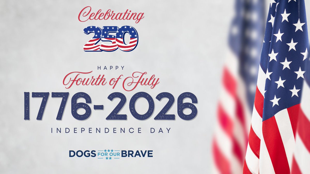 DFOB_HQ's tweet photo. Happy 250th Birthday, America! 🇺🇸

Today we celebrate our nation's freedom and honor the heroes who have defended it. At Dogs For Our Brave, we're proud to carry their legacy forward by providing life-changing service dogs to wounded veterans—at no cost, ever. ❤️🤍💙 https://t.co/yh38zneJyq
