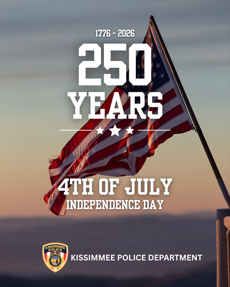 kissimmeepolice's tweet photo. 🇺🇸 Happy Independence Day! 🇺🇸

Today, America celebrates 250 years since the signing of the Declaration of Independence.

As we celebrate with family and friends, let’s also remember those who have served—and continue to serve—to help preserve the freedoms we enjoy.

From all of us at the Kissimmee Police Department, we wish you a safe and happy Fourth of July. Please celebrate responsibly and enjoy the holiday.

Happy 250th Birthday, America! ❤️🤍💙